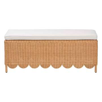 bali & pari Teresa Scalloped Rattan Ottoman Bench, Rectangle, Light Honey