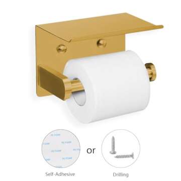 VAEHOLD Self Adhesive Toilet Paper Holder with Phone Shelf Stainless Steel Wall Mounted Toilet Paper Roll Holder - Rustproof and Bathroom Washroom Tissue Roll Holder with Storage Shelf - Gold