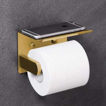 VAEHOLD Self Adhesive Toilet Paper Holder with Phone Shelf Stainless Steel Wall Mounted Toilet Paper Roll Holder - Rustproof and Bathroom Washroom Tissue Roll Holder with Storage Shelf - Gold