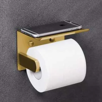 VAEHOLD Self Adhesive Toilet Paper Holder with Phone Shelf Stainless Steel Wall Mounted Toilet Paper Roll Holder - Rustproof and Bathroom Washroom Tissue Roll Holder with Storage Shelf - Gold