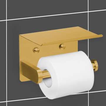 VAEHOLD Self Adhesive Toilet Paper Holder with Phone Shelf Stainless Steel Wall Mounted Toilet Paper Roll Holder - Rustproof and Bathroom Washroom Tissue Roll Holder with Storage Shelf - Gold