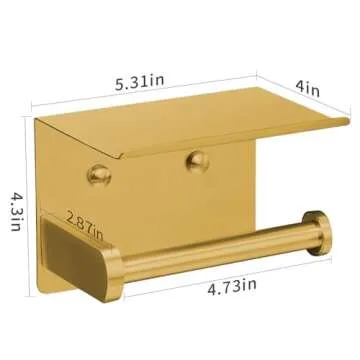 VAEHOLD Self Adhesive Toilet Paper Holder with Phone Shelf Stainless Steel Wall Mounted Toilet Paper Roll Holder - Rustproof and Bathroom Washroom Tissue Roll Holder with Storage Shelf - Gold