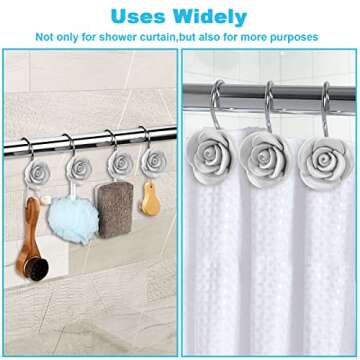 AGPTEK 12PCS Shower Curtain Hooks - Elegant White Rose