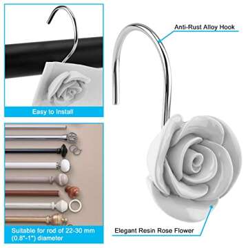 AGPTEK 12PCS Shower Curtain Hooks - Elegant White Rose