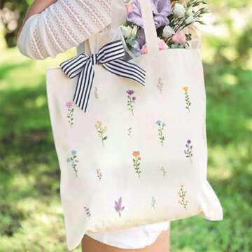 Kazova Floral Cotton Canvas Tote Bag Aesthetic Flower Tote Bag Minimalist Bouquet Reusable Tote Bag With Handles Canvas Shopping Bag Botanical Wildflower Canvas Bag