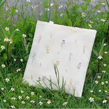 Kazova Floral Cotton Canvas Tote Bag Aesthetic Flower Tote Bag Minimalist Bouquet Reusable Tote Bag With Handles Canvas Shopping Bag Botanical Wildflower Canvas Bag