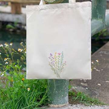 Kazova Floral Cotton Canvas Tote Bag Aesthetic Flower Tote Bag Minimalist Bouquet Reusable Tote Bag With Handles Canvas Shopping Bag Botanical Wildflower Canvas Bag