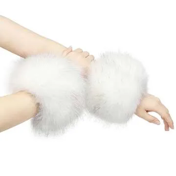sy soul young Women's Faux Fur Wrist Cuffs Winter Fox Furry wristbands Fluffy Fur Cuff Bracelet Arm Warmer accessories(White)
