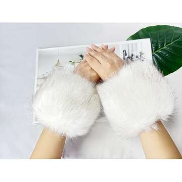 sy soul young Women's Faux Fur Wrist Cuffs Winter Fox Furry wristbands Fluffy Fur Cuff Bracelet Arm Warmer accessories(White)
