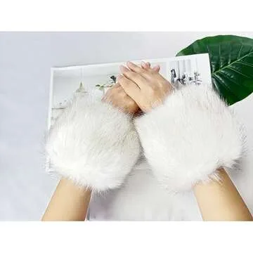 sy soul young Women's Faux Fur Wrist Cuffs Winter Fox Furry wristbands Fluffy Fur Cuff Bracelet Arm Warmer accessories(White)