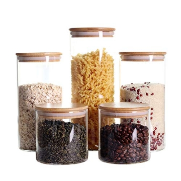 LEAVES AND TREES Y Stackable Kitchen Canisters Set - Airtight Glass Storage Jars with Bamboo Lid for...