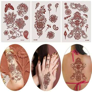 AHIER 6 Sheets Temporary Tattoos for Women, Flower Temporary Henna Tattoos, Henna Temporary Tattoos for Women, Henna Stickers, Waterproof Red Ink Body Art Stickers.