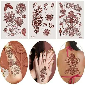 AHIER 6 Sheets Temporary Tattoos for Women, Flower Temporary Henna Tattoos, Henna Temporary Tattoos for Women, Henna Stickers, Waterproof Red Ink Body Art Stickers.