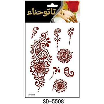AHIER 6 Sheets Temporary Tattoos for Women, Flower Temporary Henna Tattoos, Henna Temporary Tattoos for Women, Henna Stickers, Waterproof Red Ink Body Art Stickers.