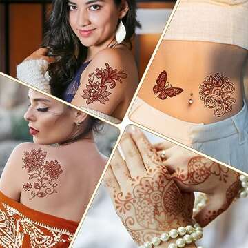 AHIER 6 Sheets Temporary Tattoos for Women, Flower Temporary Henna Tattoos, Henna Temporary Tattoos for Women, Henna Stickers, Waterproof Red Ink Body Art Stickers.