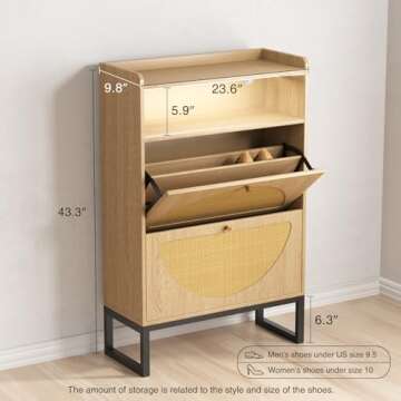 Rattan Shoe Cabinet, Shoe Storage Cabinet with 2 Flip Drawers, Entryway Slim Shoe Cabinet with Senso...