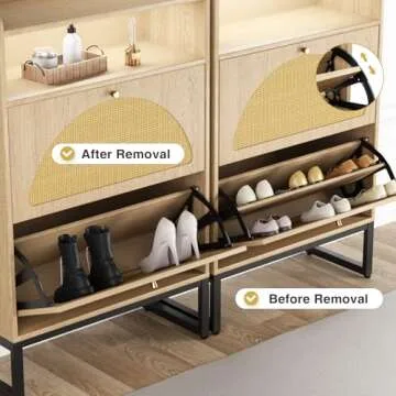 Rattan Shoe Cabinet, Shoe Storage Cabinet with 2 Flip Drawers, Entryway Slim Shoe Cabinet with Sensor Light and Metal Frame, Hidden Shoe Organizer for Entrance/Hallway
