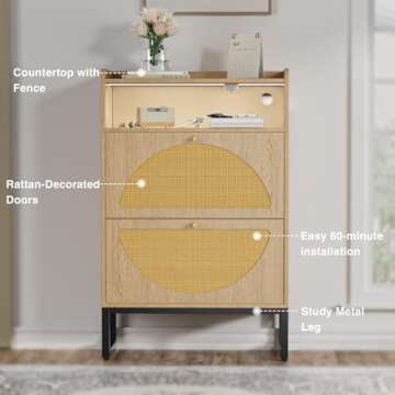 Rattan Shoe Cabinet, Shoe Storage Cabinet with 2 Flip Drawers, Entryway Slim Shoe Cabinet with Sensor Light and Metal Frame, Hidden Shoe Organizer for Entrance/Hallway