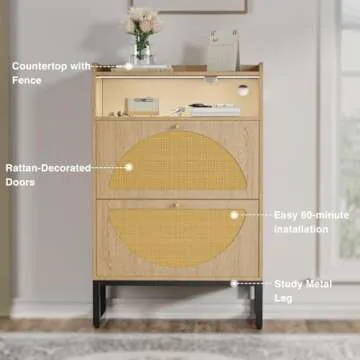 Rattan Shoe Cabinet, Shoe Storage Cabinet with 2 Flip Drawers, Entryway Slim Shoe Cabinet with Sensor Light and Metal Frame, Hidden Shoe Organizer for Entrance/Hallway