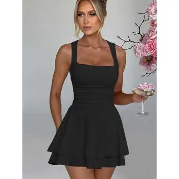 Kaximil Women's Square Neck Ruffle Hem Mini Dress Ruched Waist Short Party Dresses, Small, Black