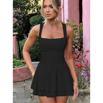 Kaximil Women's Square Neck Ruffle Hem Mini Dress Ruched Waist Short Party Dresses, Small, Black