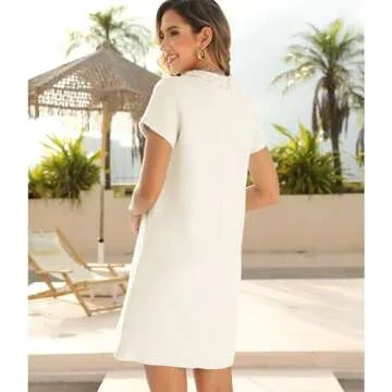 SeeLuNa Women's Tweed Dress Short Sleeve Crew Neck A-line Party Vintage Mini Skirt Causal Dresses(Beige,M)