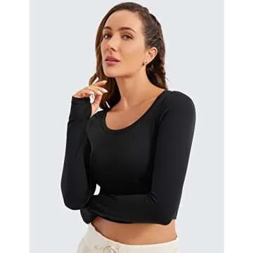 CRZ YOGA Butterluxe Long Sleeve Crop Tops for Women Slim Fit Workout Shirts Cropped Athletic Gym T-Shirts Black Medium