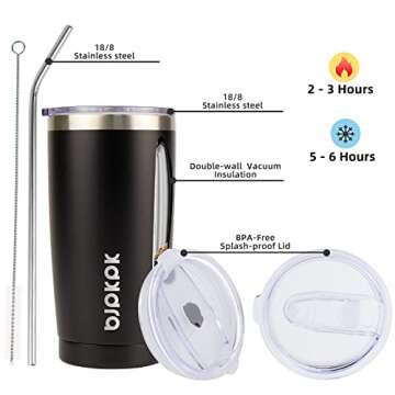 BJPKPK 20 oz Tumbler with Lid and Straw Insulated Travel Coffee Mug Reusable Stainless Steel Thermal...