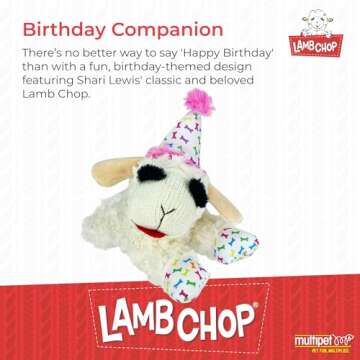 Multipet Lamb Chop Dog Plush Toy w/Birthday Hat - Squeaky Dog Toy for All Dogs - Soft Plush Dog Toy ...