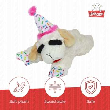 Multipet Lamb Chop Dog Plush Toy w/Birthday Hat - Squeaky Dog Toy for All Dogs - Soft Plush Dog Toy - Stuffed Animal Dog Toy for Playing - Cute Dog Birthday Toy (10.5”, Pink Hat, 5 Squeakers)
