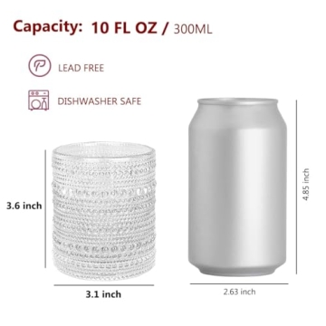 Vintage Hobnail Drinking Glasses Set of 6, 10 oz, Cocktail Glasses Jupiter Glasses Textured Glass Cups Mixed Drinkware Set Vintage Glassware Set for Juice, Cocktail, Whisky, Soda, Beverages. Clear