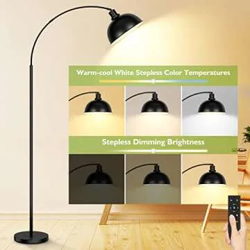 Arc Floor Lamps for Living Room, Modern Tall Standing Lamp Remote Control,Stepless Dimmable Black Floor Lamp with Hanging Dome Shade, Over Couch Arched Reading Lamp for Bedroom (Bulb Included)
