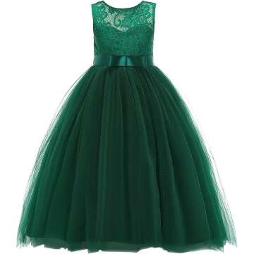 Glamulice Flower Girls Lace Bridesmaid Dress - A-Line Tulle Gown