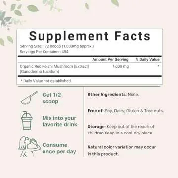 Micro Ingredients Organic Reishi Mushroom Powder, 16oz | 100:1 Extract, Red Reishi Mushrooms Supplem...