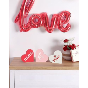 LXDNBGO Valentines Day Decorations - 3 Pcs Large Wood Heart Shape Signs, Conversation Heart Decoration, Valentines Day Decor for Home, Office, Tiered Tray, Shelf, Mantel, Table