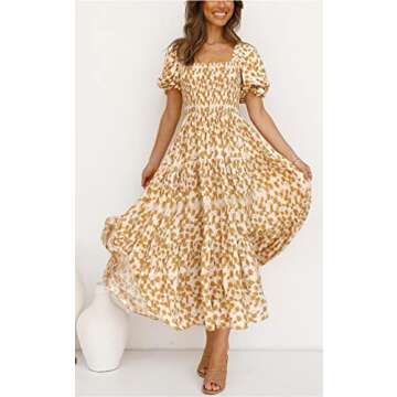 PRETTYGARDEN Women Casual Short Sleeve Square Neck Summer Dress Bohemian Floral Flowy Maxi Dresses Tiered Smocked Dress (Floral Apricot and Yellow,Small)