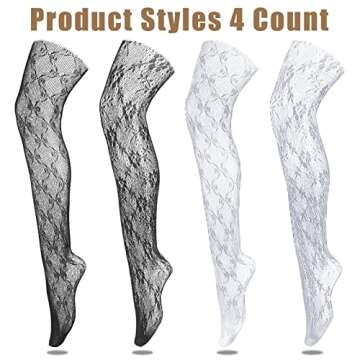 Jiuguva 4 Pack Women Lace Tights White Black Fishnet Stockings Floral Mesh Pantyhose Stockings Leggings Bow Patterned Tights for Women Halloween