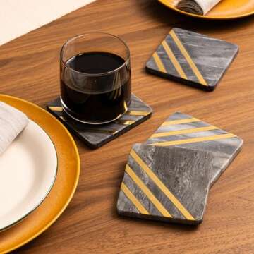 Cork & Mill Grey Marble Coasters Set of 6 - Real Natural Stone Gray and Black Coasters for Drinks - ...