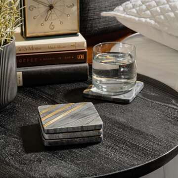 Cork & Mill Grey Marble Coasters Set of 6 - Real Natural Stone Gray and Black Coasters for Drinks - Luxury Gold Aesthetic - Modern Coffee Table Decor - Semi Absorbent Stone