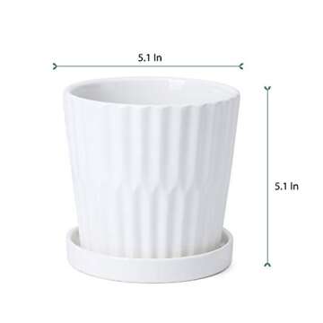 Greenaholics Ceramic Plant Pots Indoor - 5.1 Inch White Flower Planters with Drainage Holes and Connected Saucers for Succulent or Small Snake Plant, Set of 4