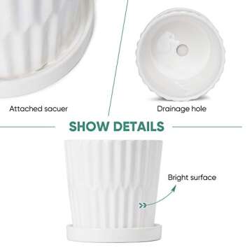Greenaholics Ceramic Plant Pots Indoor - 5.1 Inch White Flower Planters with Drainage Holes and Connected Saucers for Succulent or Small Snake Plant, Set of 4