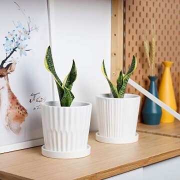 Greenaholics Ceramic Plant Pots Indoor - 5.1 Inch White Flower Planters with Drainage Holes and Connected Saucers for Succulent or Small Snake Plant, Set of 4