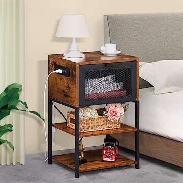 LEBOAHOUS Brown Nightstands Set of 2 with Charging Station and USB Port, 3 Tier Industrial Night Sta...