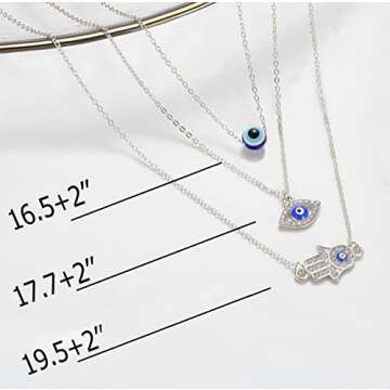 Baydurcan Silver 3pcs Evil Eye Necklace and Hamsa Necklace Turkish Blue Eye Hand Pendant Necklace Lu...