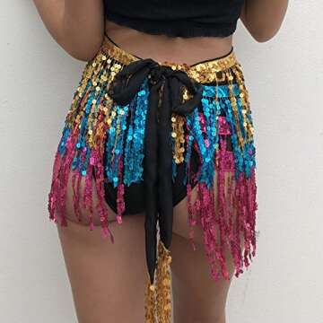MUNAFIE Women's Belly Dance Hip Scarf with Colorful Sequins and Tassels for Festivals