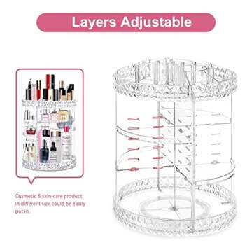 V-HANVER 360 Rotating Makeup Organizer Perfume Organizer with 8 Adjustable Layer Clear Cosmetic Storage Display Case Large Capacity Acrylic Beauty Organizer for Vanity Countertop or Bedroom Dresser