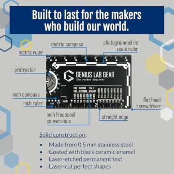 Pocket Engineer - Authentic Small Metal Engineering Ruler Protractor Compass Scale, Techie Stocking ...