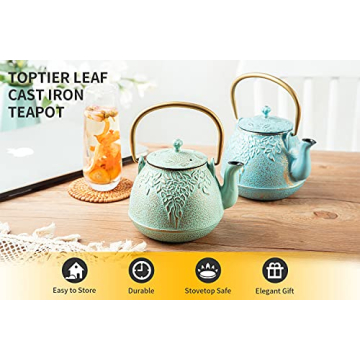 TOPTIER Japanese Teapot with Stainless Steel Infuser, Cast Iron Tea Kettle Stovetop Safe, Leaf Design Coated with Enameled Interior for 32 Ounce (950 ml), Light Green