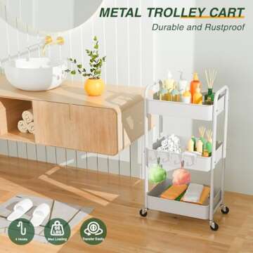 LEHOM 3 Tier Rolling Utility Cart, Metal Trolley Cart with Wheels, Hooks, Easy Assembly Organizer St...