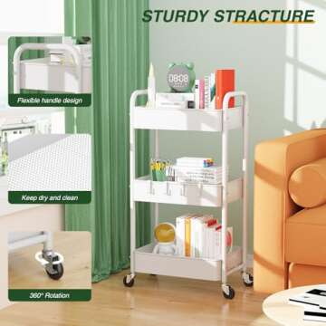 LEHOM 3 Tier Rolling Utility Cart, Metal Trolley Cart with Wheels, Hooks, Easy Assembly Organizer Storage Cart for Bathroom, Kitchen, Office, Bedroom(White)